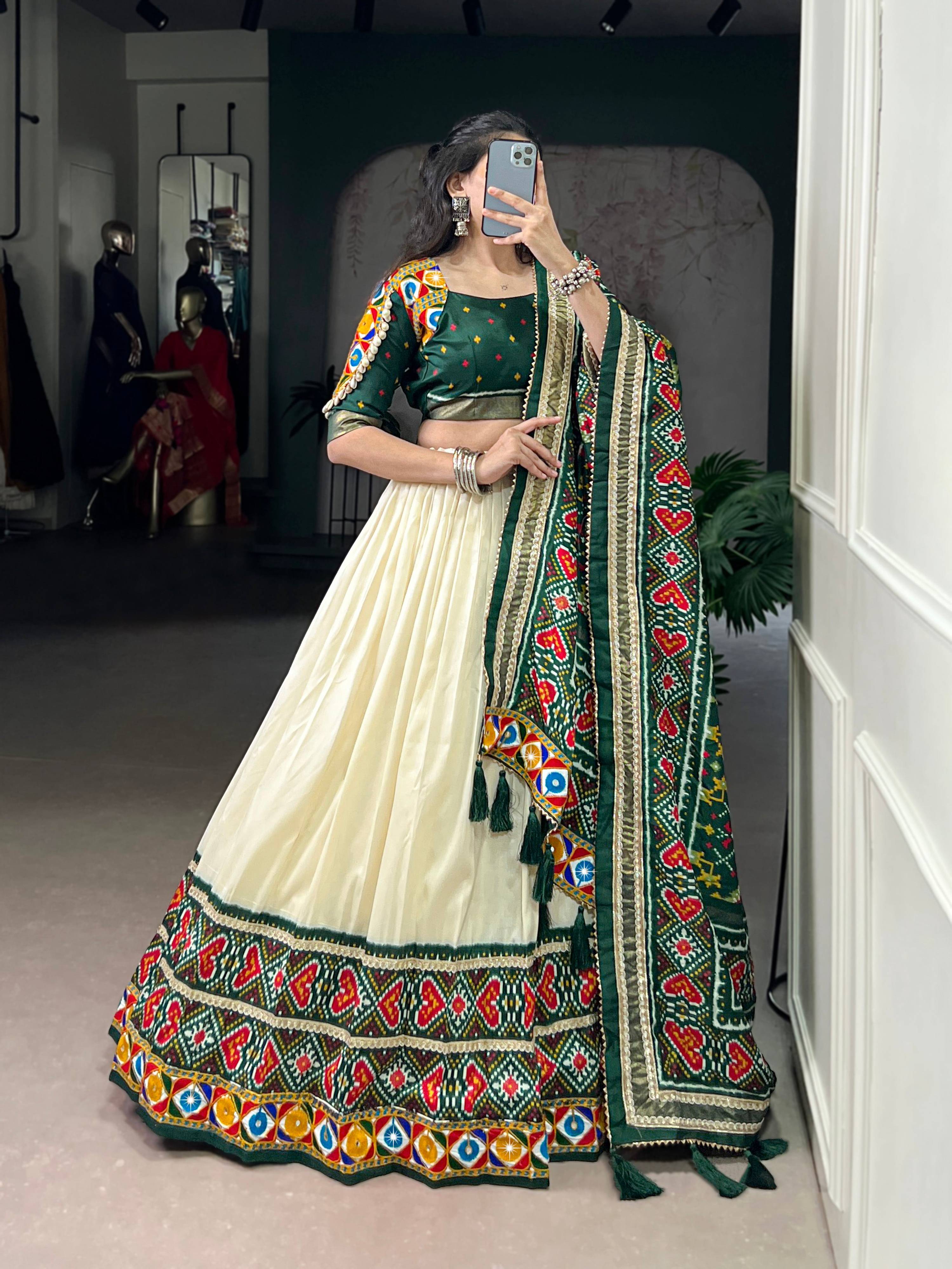 Lorenvalley Fashion Offwhite Tasar Silk Patola Print With Foil Work And Real Mirror Gamthi Work With Lace Touch Up Lehenga Choli with Dupatta | Grocsy