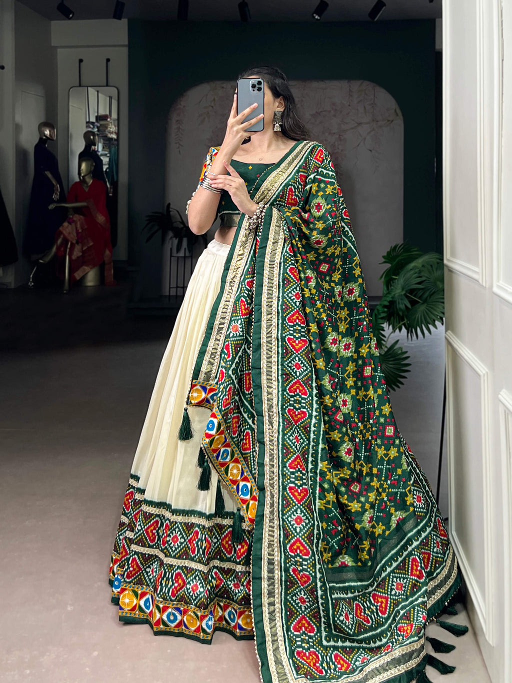 Lorenvalley Fashion Offwhite Tasar Silk Patola Print With Foil Work And Real Mirror Gamthi Work With Lace Touch Up Lehenga Choli with Dupatta | Grocsy