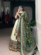 Lorenvalley Fashion Offwhite Tasar Silk Patola Print With Foil Work And Real Mirror Gamthi Work With Lace Touch Up Lehenga Choli with Dupatta | Grocsy