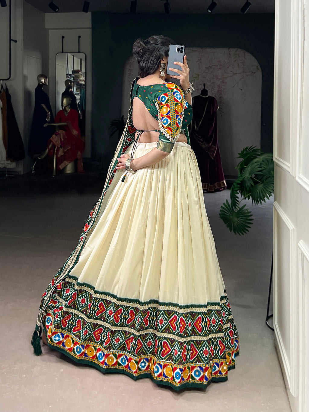 Lorenvalley Fashion Offwhite Tasar Silk Patola Print With Foil Work And Real Mirror Gamthi Work With Lace Touch Up Lehenga Choli with Dupatta | Grocsy
