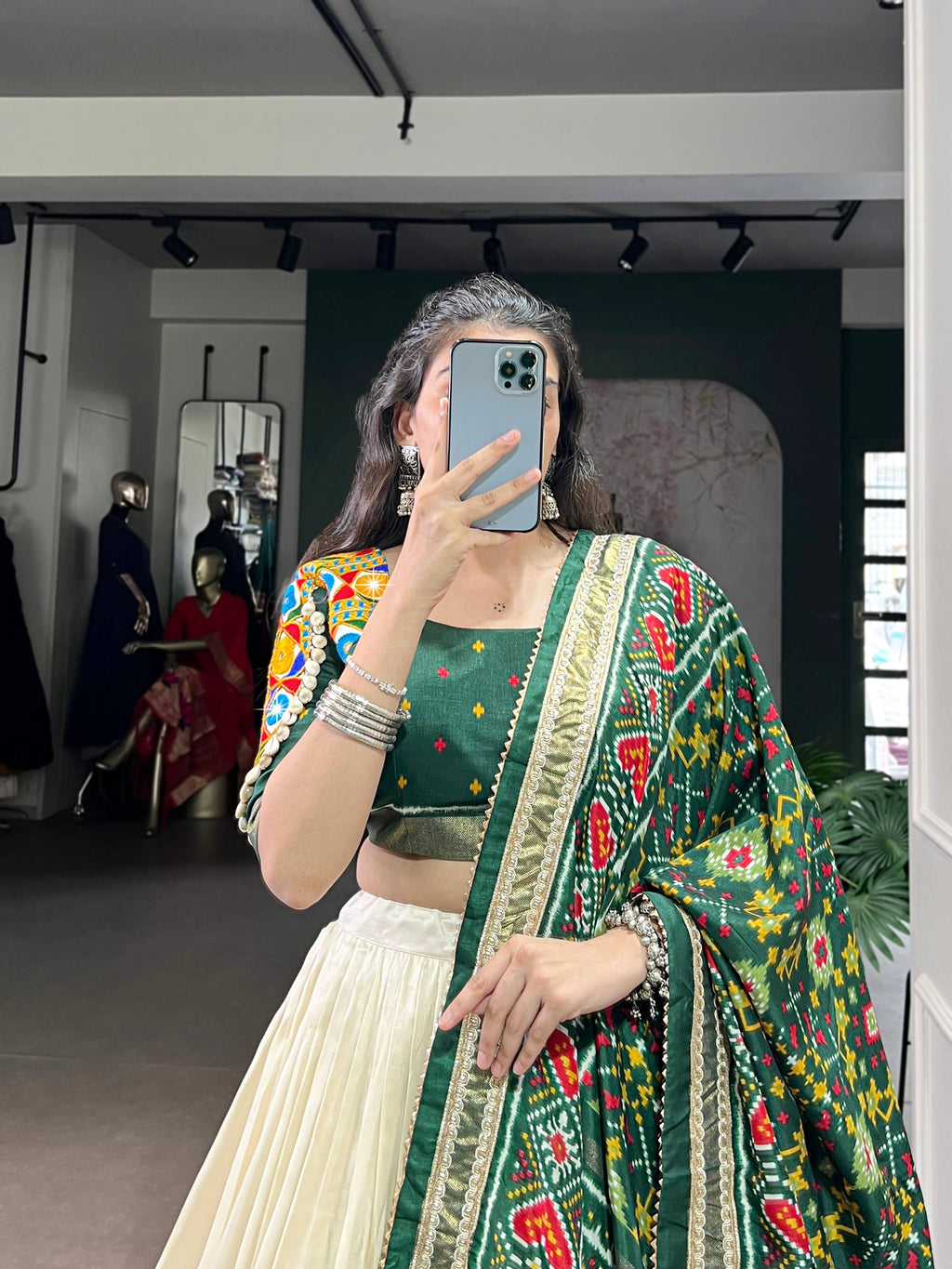 Lorenvalley Fashion Offwhite Tasar Silk Patola Print With Foil Work And Real Mirror Gamthi Work With Lace Touch Up Lehenga Choli with Dupatta | Grocsy
