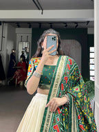 Lorenvalley Fashion Offwhite Tasar Silk Patola Print With Foil Work And Real Mirror Gamthi Work With Lace Touch Up Lehenga Choli with Dupatta | Grocsy