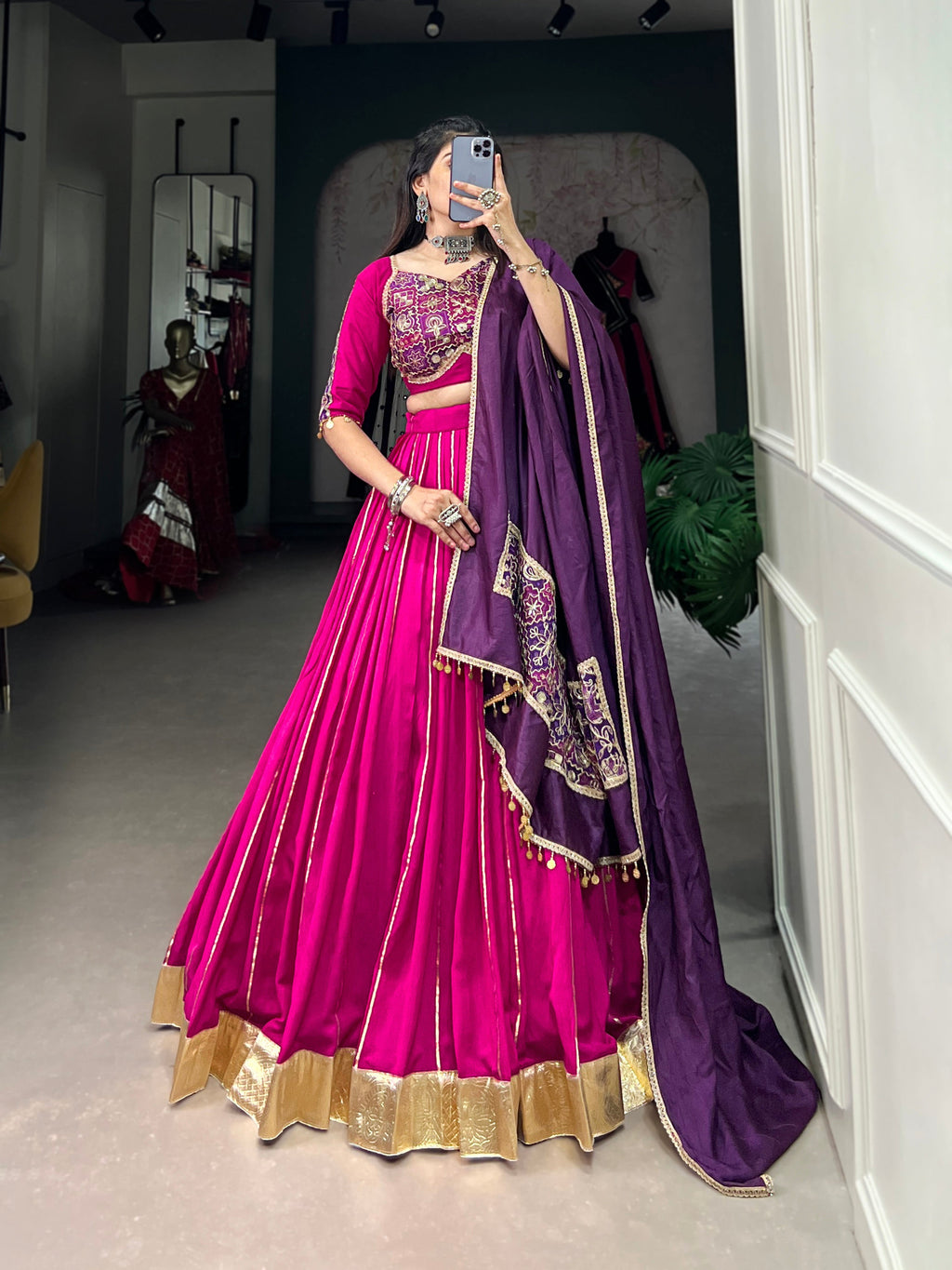 Lorenvalley Pink Chanderi Plain With Zari Line Gota Patti And Embossed Design Lace Touch Up Lehenga Choli with Dupatta | Grocsy