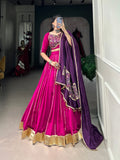 Lorenvalley Pink Chanderi Plain With Zari Line Gota Patti And Embossed Design Lace Touch Up Lehenga Choli with Dupatta | Grocsy
