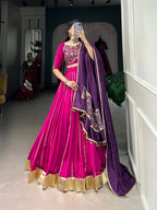 Lorenvalley Pink Chanderi Plain With Zari Line Gota Patti And Embossed Design Lace Touch Up Lehenga Choli with Dupatta | Grocsy