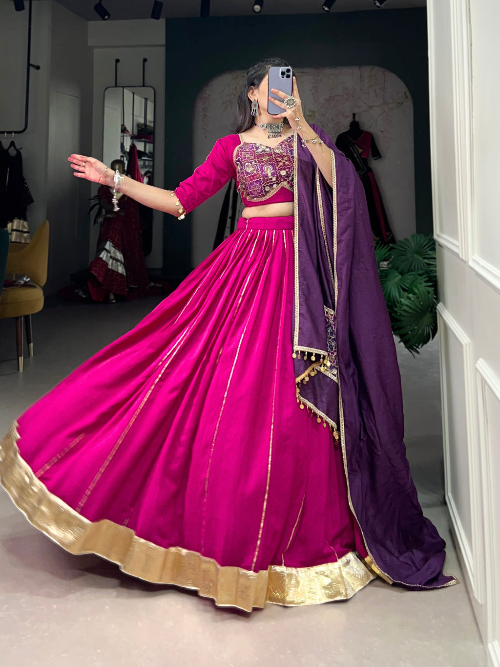 Lorenvalley Pink Chanderi Plain With Zari Line Gota Patti And Embossed Design Lace Touch Up Lehenga Choli with Dupatta | Grocsy