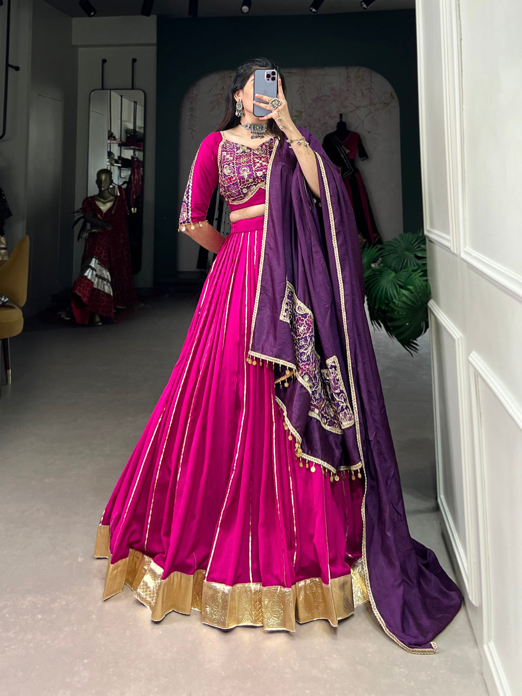 Lorenvalley Pink Chanderi Plain With Zari Line Gota Patti And Embossed Design Lace Touch Up Lehenga Choli with Dupatta | Grocsy