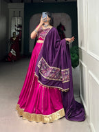 Lorenvalley Pink Chanderi Plain With Zari Line Gota Patti And Embossed Design Lace Touch Up Lehenga Choli with Dupatta | Grocsy