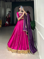 Lorenvalley Pink Chanderi Plain With Zari Line Gota Patti And Embossed Design Lace Touch Up Lehenga Choli with Dupatta | Grocsy