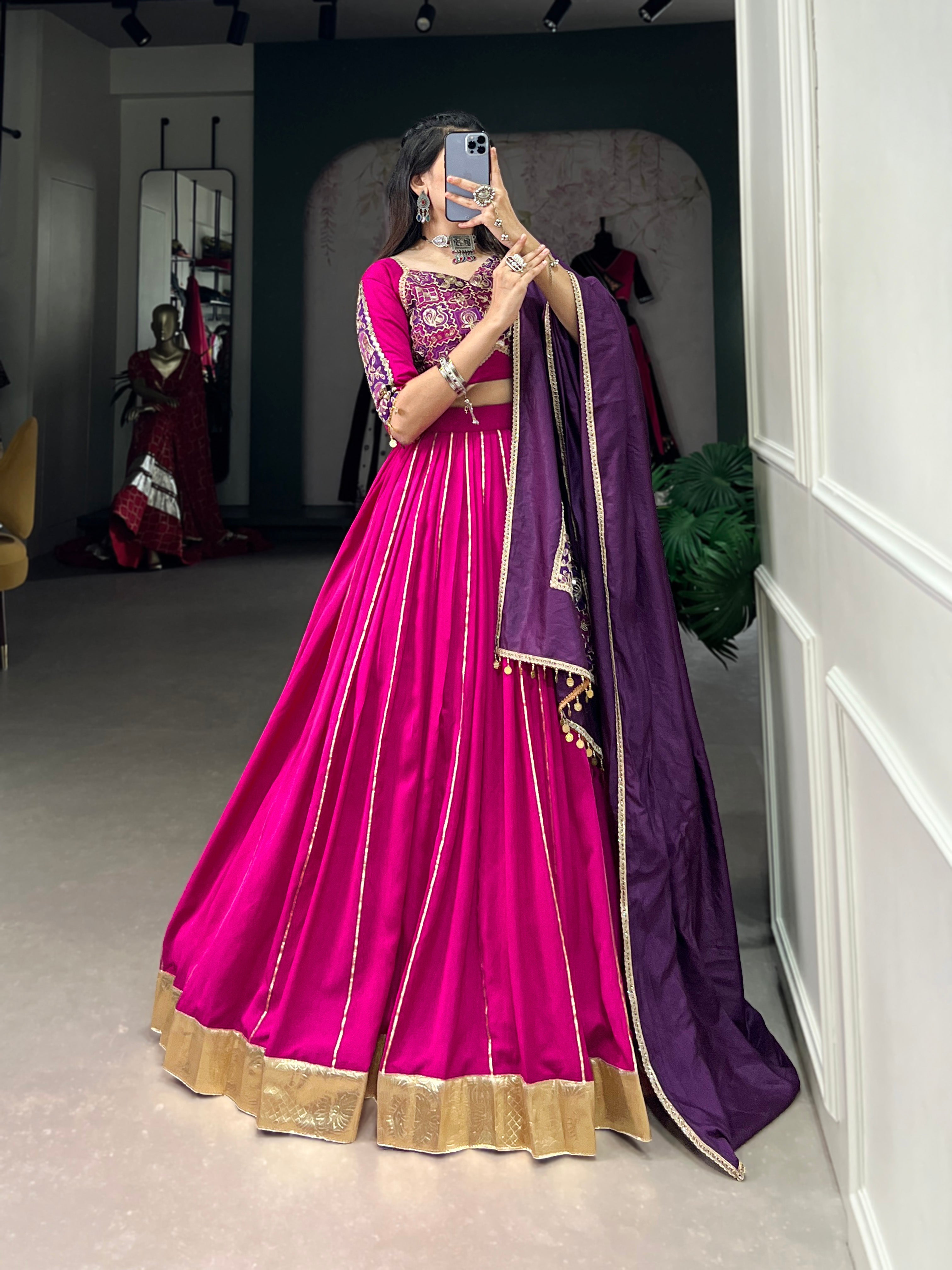 Lorenvalley Pink Chanderi Plain With Zari Line Gota Patti And Embossed Design Lace Touch Up Lehenga Choli with Dupatta | Grocsy
