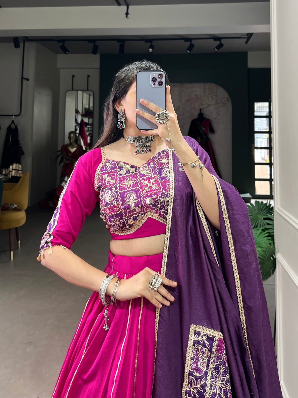 Lorenvalley Pink Chanderi Plain With Zari Line Gota Patti And Embossed Design Lace Touch Up Lehenga Choli with Dupatta | Grocsy