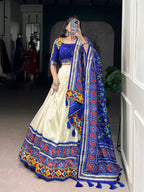 Lorenvalley Fashion Offwhite Tasar Silk Patola Print With Foil Work And Real Mirror Gamthi Work With Lace Touch Up Lehenga Choli with Dupatta | Grocsy