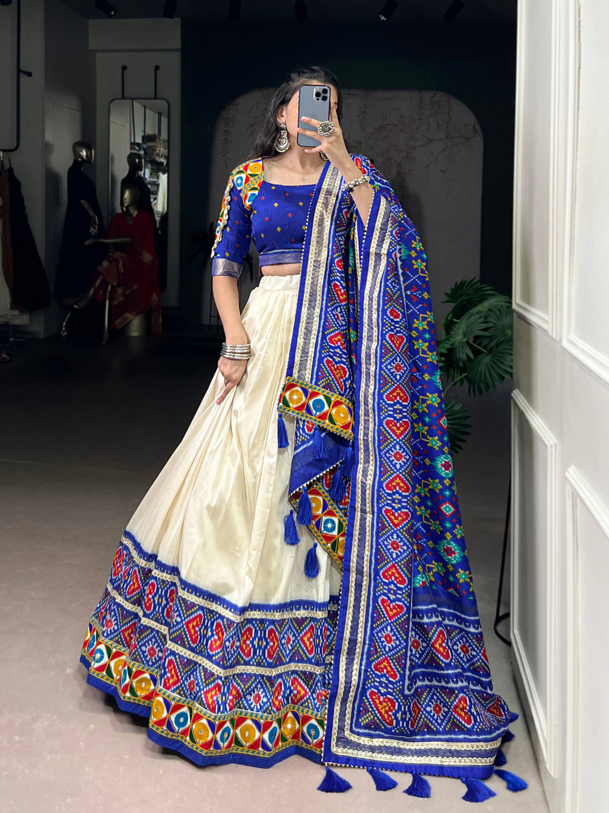 Lorenvalley Fashion Offwhite Tasar Silk Patola Print With Foil Work And Real Mirror Gamthi Work With Lace Touch Up Lehenga Choli with Dupatta | Grocsy