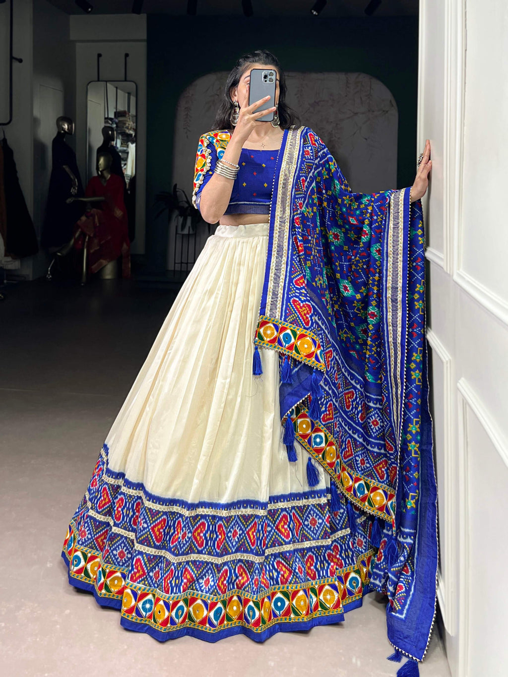 Lorenvalley Fashion Offwhite Tasar Silk Patola Print With Foil Work And Real Mirror Gamthi Work With Lace Touch Up Lehenga Choli with Dupatta | Grocsy