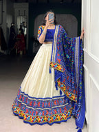 Lorenvalley Fashion Offwhite Tasar Silk Patola Print With Foil Work And Real Mirror Gamthi Work With Lace Touch Up Lehenga Choli with Dupatta | Grocsy