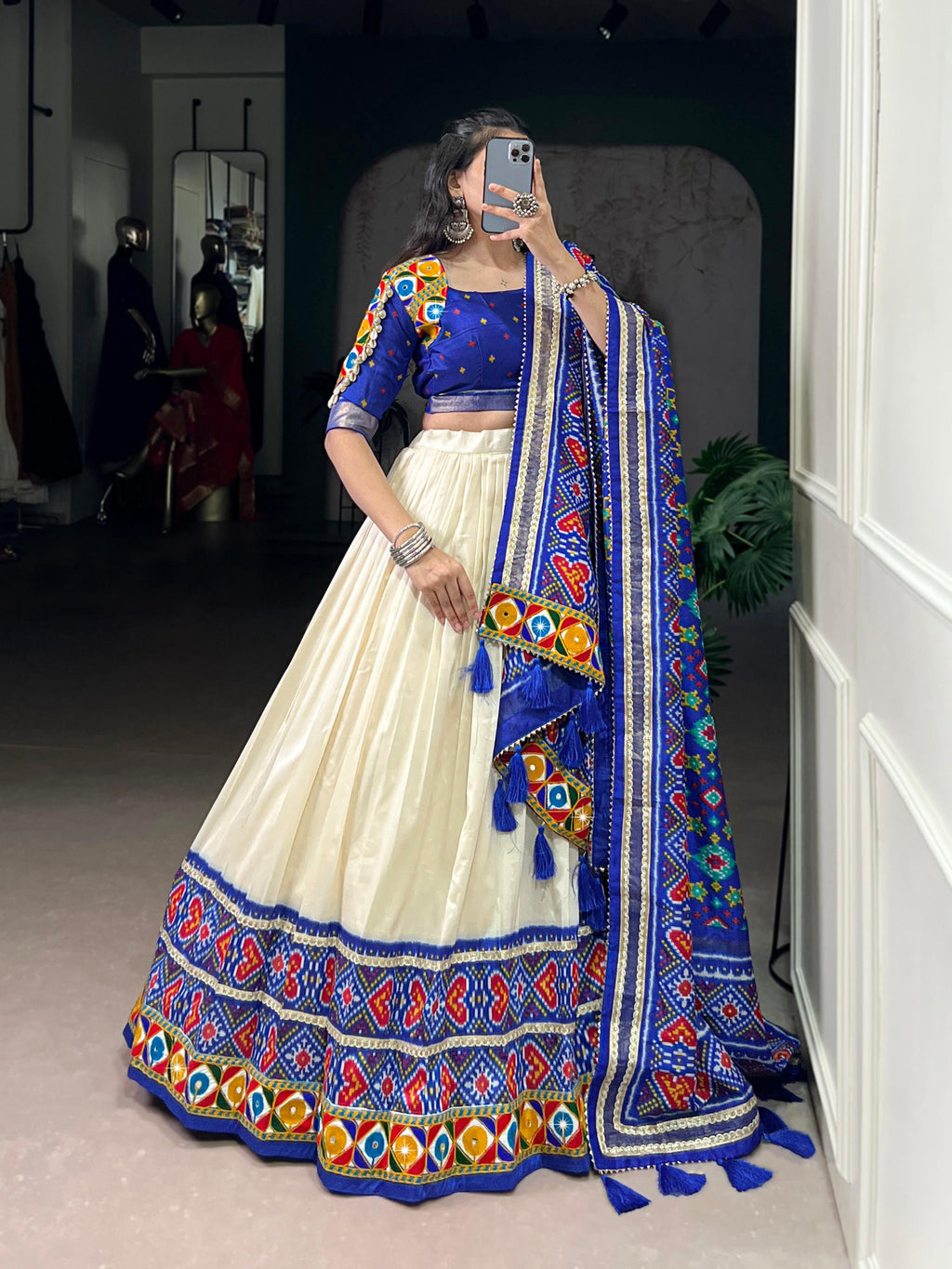 Lorenvalley Fashion Offwhite Tasar Silk Patola Print With Foil Work And Real Mirror Gamthi Work With Lace Touch Up Lehenga Choli with Dupatta | Grocsy