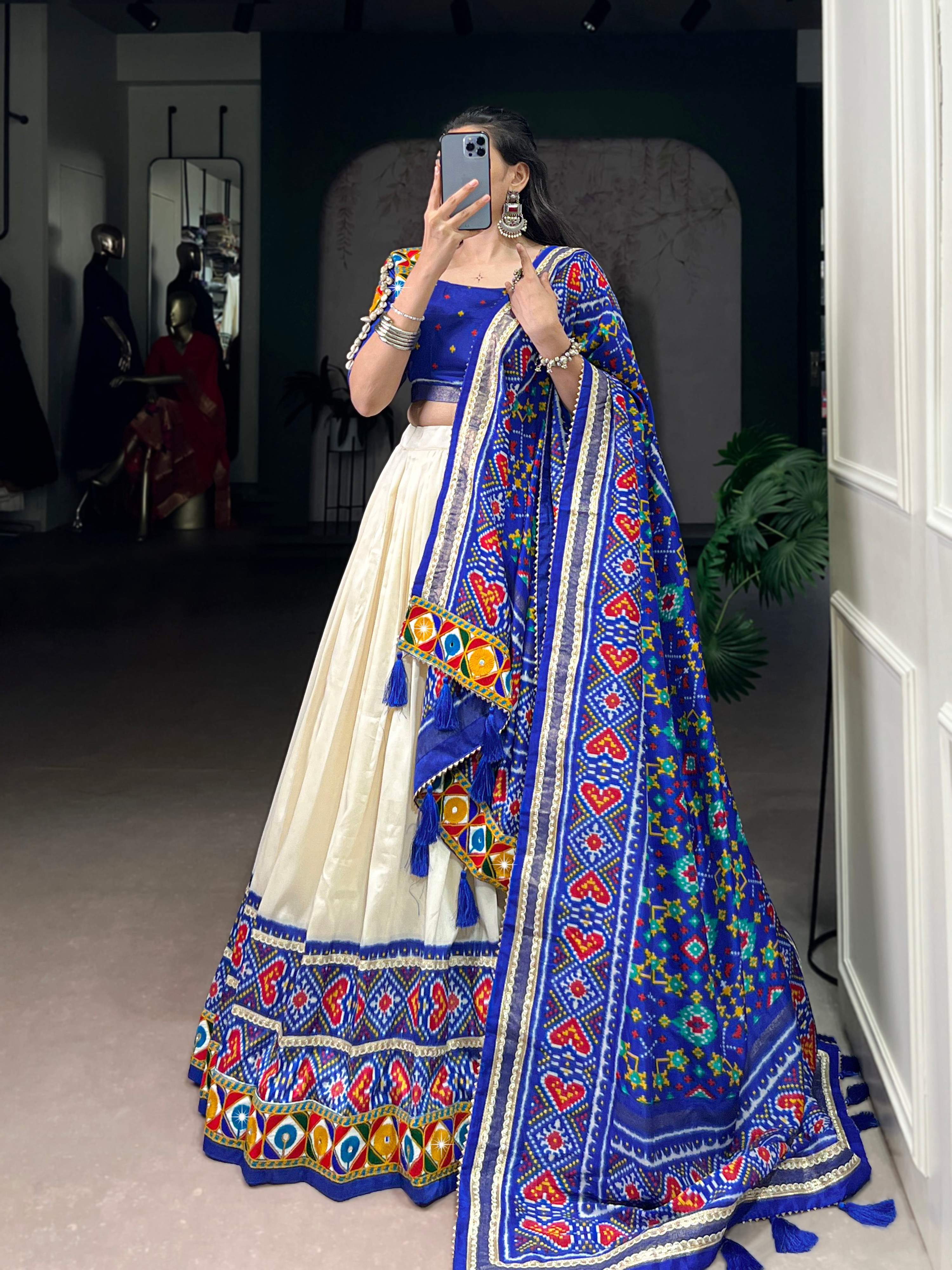Lorenvalley Fashion Offwhite Tasar Silk Patola Print With Foil Work And Real Mirror Gamthi Work With Lace Touch Up Lehenga Choli with Dupatta | Grocsy