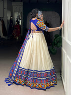Lorenvalley Fashion Offwhite Tasar Silk Patola Print With Foil Work And Real Mirror Gamthi Work With Lace Touch Up Lehenga Choli with Dupatta | Grocsy