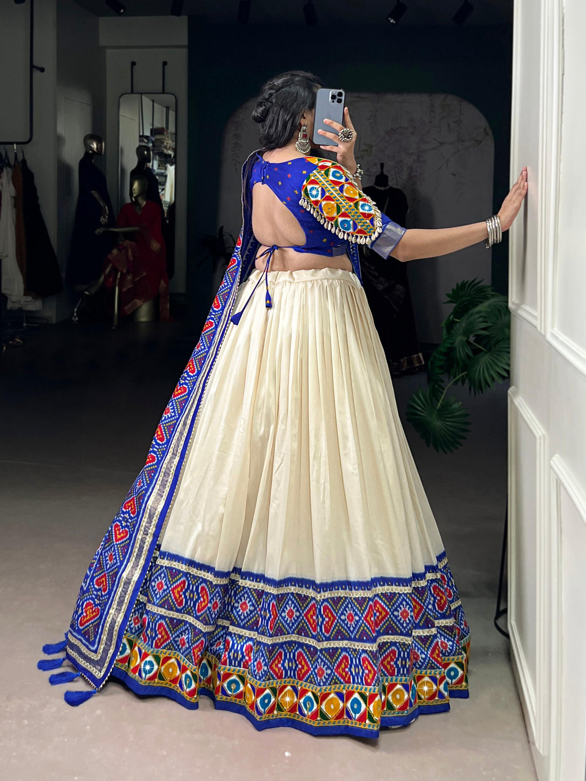 Lorenvalley Fashion Offwhite Tasar Silk Patola Print With Foil Work And Real Mirror Gamthi Work With Lace Touch Up Lehenga Choli with Dupatta | Grocsy