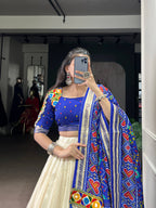 Lorenvalley Fashion Offwhite Tasar Silk Patola Print With Foil Work And Real Mirror Gamthi Work With Lace Touch Up Lehenga Choli with Dupatta | Grocsy