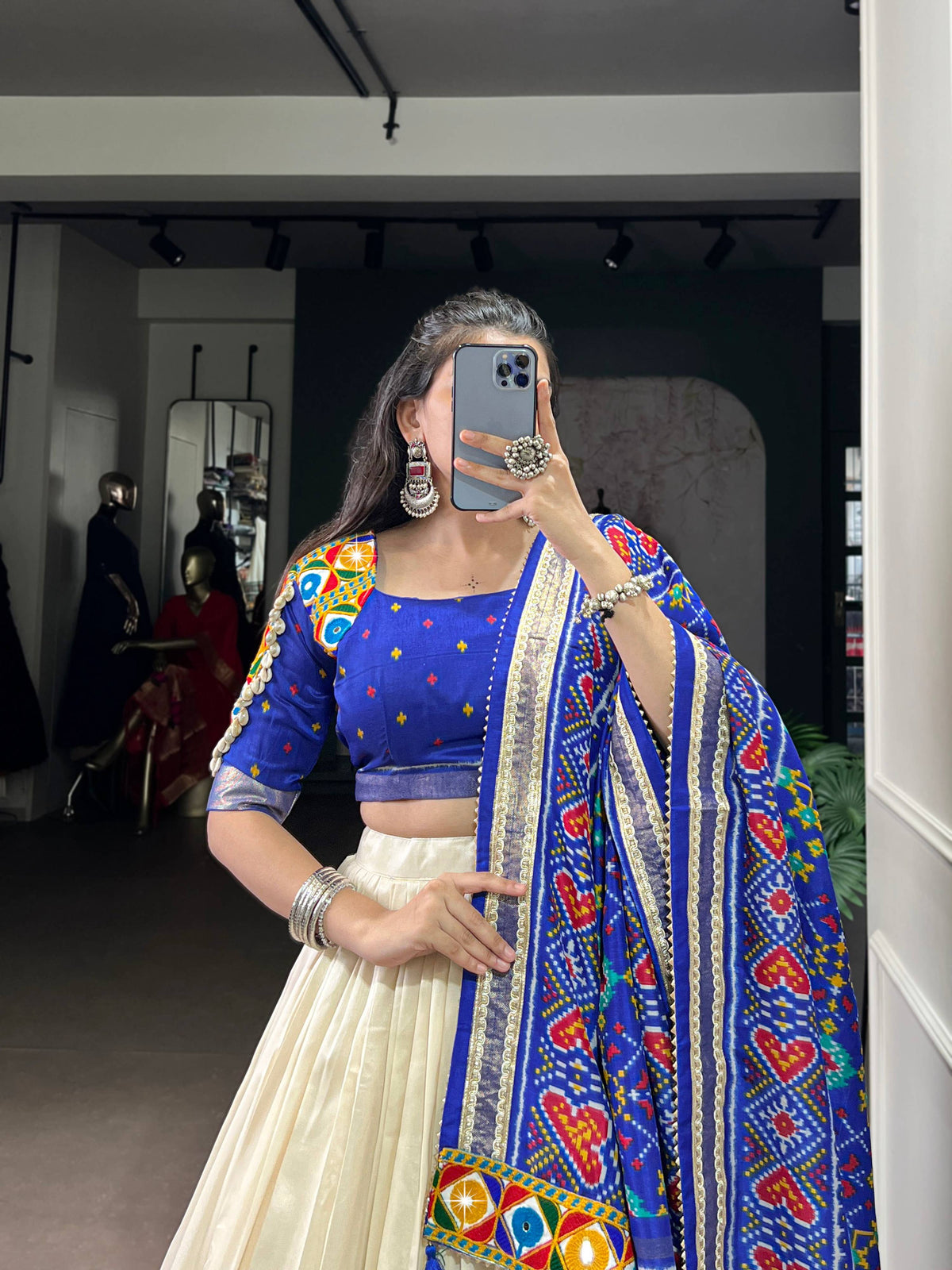 Lorenvalley Fashion Offwhite Tasar Silk Patola Print With Foil Work And Real Mirror Gamthi Work With Lace Touch Up Lehenga Choli with Dupatta | Grocsy