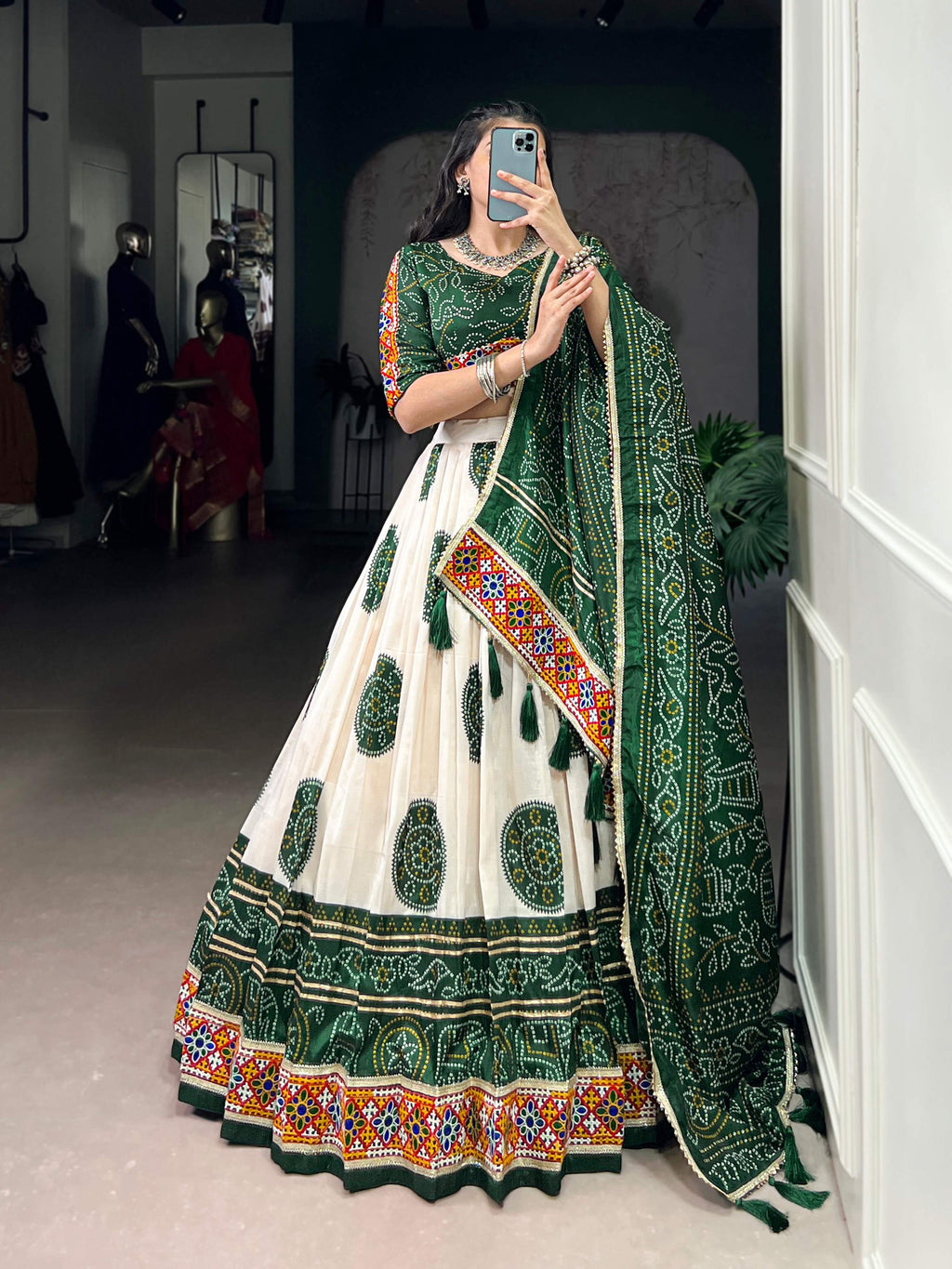 Lorenvalley Fashion Offwhite Tasar Silk Bandhej Print and Gamthi Work with Lace Touch Up Lehenga Choli with Dupatta | Grocsy