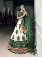 Lorenvalley Fashion Offwhite Tasar Silk Bandhej Print and Gamthi Work with Lace Touch Up Lehenga Choli with Dupatta | Grocsy