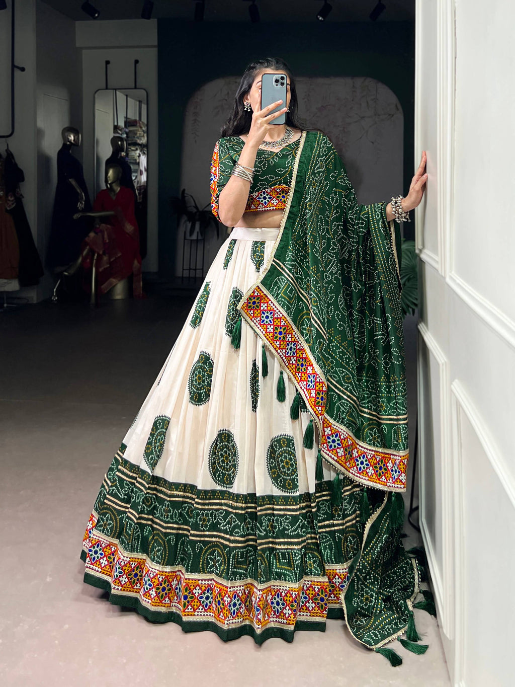 Lorenvalley Fashion Offwhite Tasar Silk Bandhej Print and Gamthi Work with Lace Touch Up Lehenga Choli with Dupatta | Grocsy
