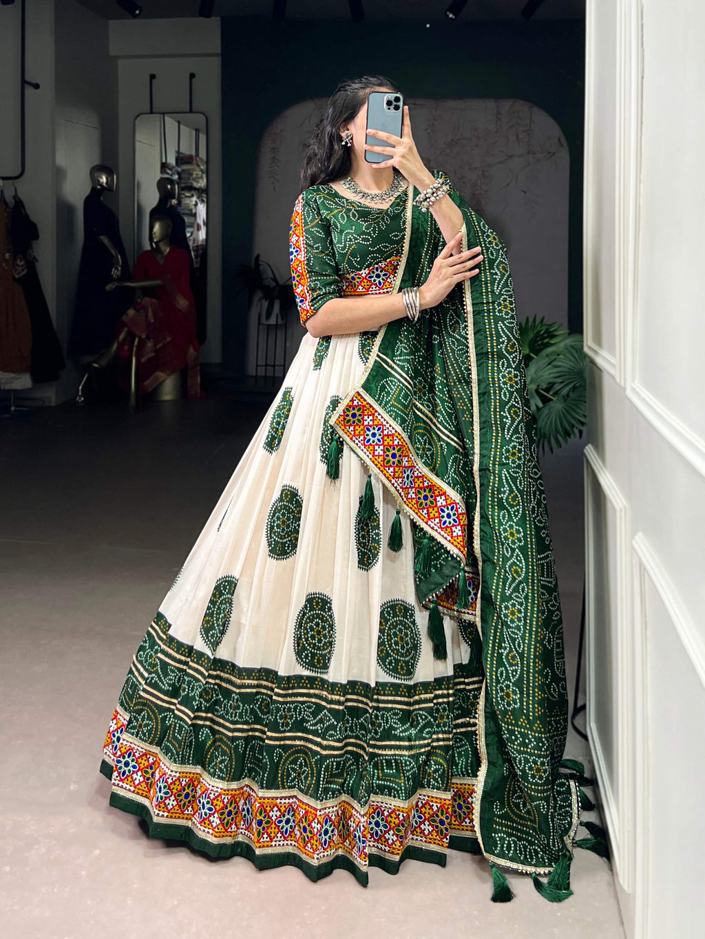 Lorenvalley Fashion Offwhite Tasar Silk Bandhej Print and Gamthi Work with Lace Touch Up Lehenga Choli with Dupatta | Grocsy