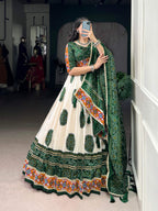 Lorenvalley Fashion Offwhite Tasar Silk Bandhej Print and Gamthi Work with Lace Touch Up Lehenga Choli with Dupatta | Grocsy