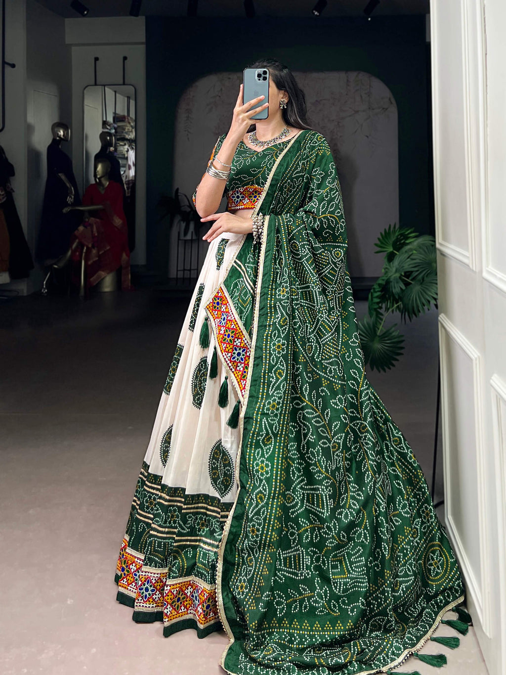Lorenvalley Fashion Offwhite Tasar Silk Bandhej Print and Gamthi Work with Lace Touch Up Lehenga Choli with Dupatta | Grocsy