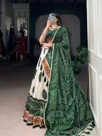 Lorenvalley Fashion Offwhite Tasar Silk Bandhej Print and Gamthi Work with Lace Touch Up Lehenga Choli with Dupatta | Grocsy