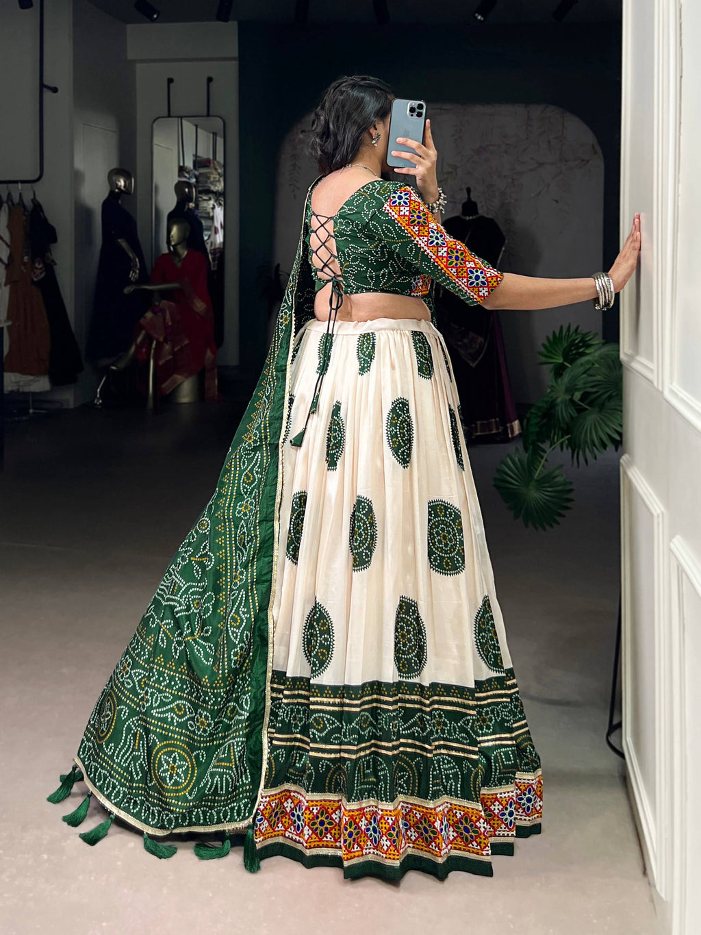 Lorenvalley Fashion Offwhite Tasar Silk Bandhej Print and Gamthi Work with Lace Touch Up Lehenga Choli with Dupatta | Grocsy