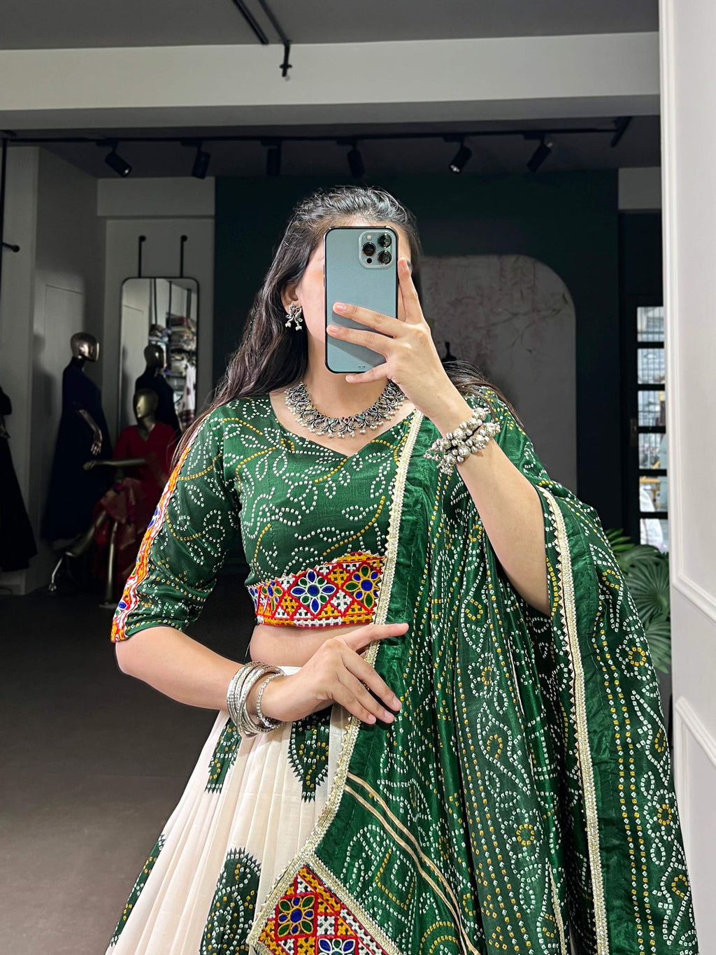 Lorenvalley Fashion Offwhite Tasar Silk Bandhej Print and Gamthi Work with Lace Touch Up Lehenga Choli with Dupatta | Grocsy