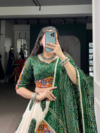 Lorenvalley Fashion Offwhite Tasar Silk Bandhej Print and Gamthi Work with Lace Touch Up Lehenga Choli with Dupatta | Grocsy