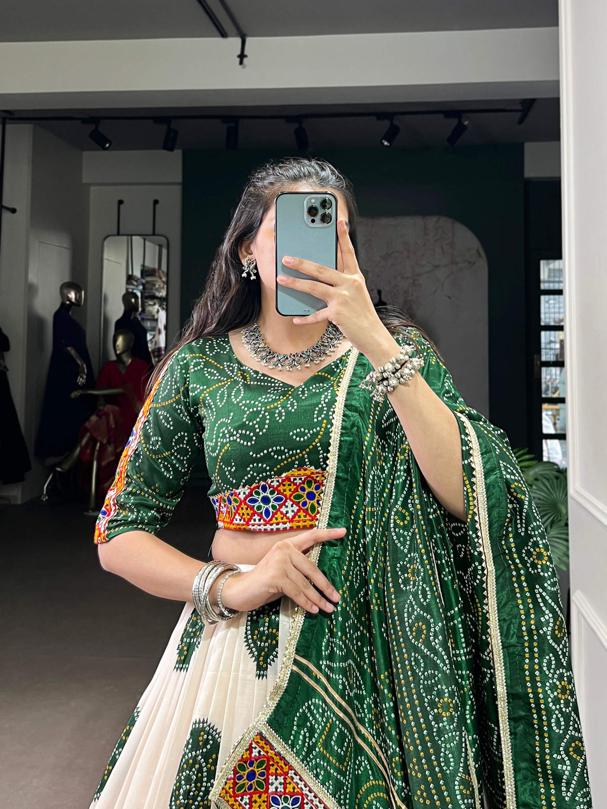Lorenvalley Fashion Offwhite Tasar Silk Bandhej Print and Gamthi Work with Lace Touch Up Lehenga Choli with Dupatta | Grocsy