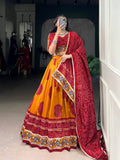 Lorenvalley Fashion Mustard Tasar Silk Bandhej Print and Gamthi Work with Lace Touch Up Lehenga Choli with Dupatta | Grocsy