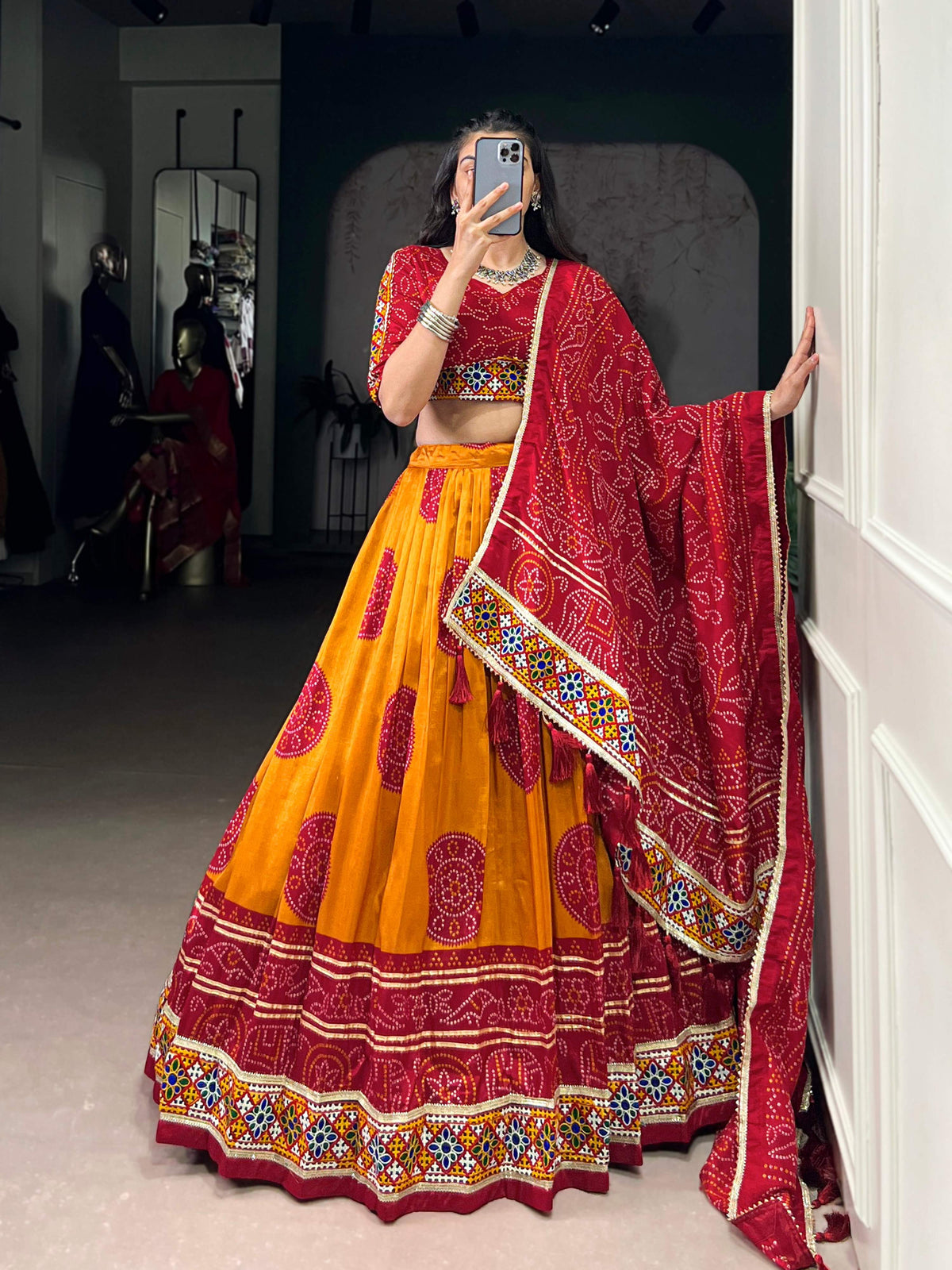 Lorenvalley Fashion Mustard Tasar Silk Bandhej Print and Gamthi Work with Lace Touch Up Lehenga Choli with Dupatta | Grocsy