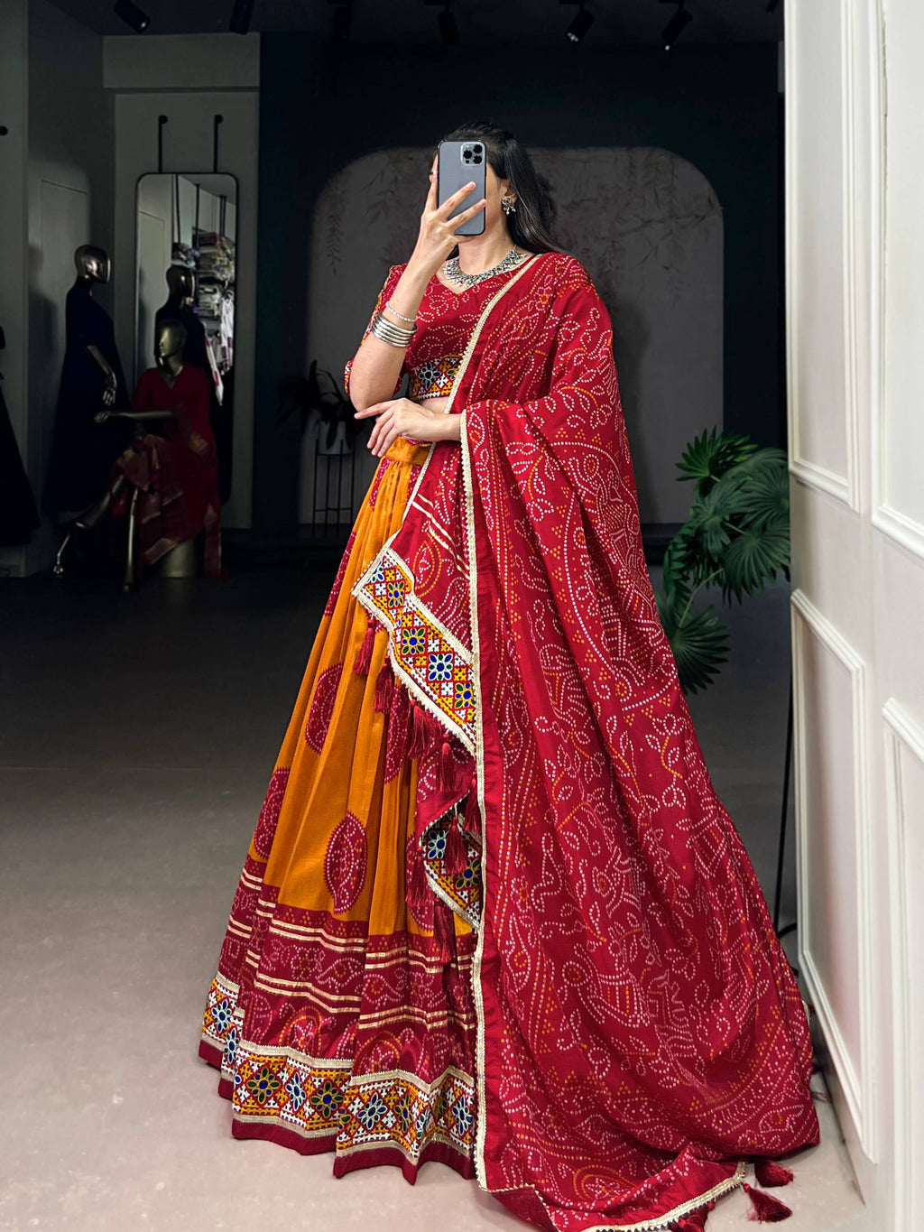 Lorenvalley Fashion Mustard Tasar Silk Bandhej Print and Gamthi Work with Lace Touch Up Lehenga Choli with Dupatta | Grocsy