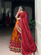 Lorenvalley Fashion Mustard Tasar Silk Bandhej Print and Gamthi Work with Lace Touch Up Lehenga Choli with Dupatta | Grocsy