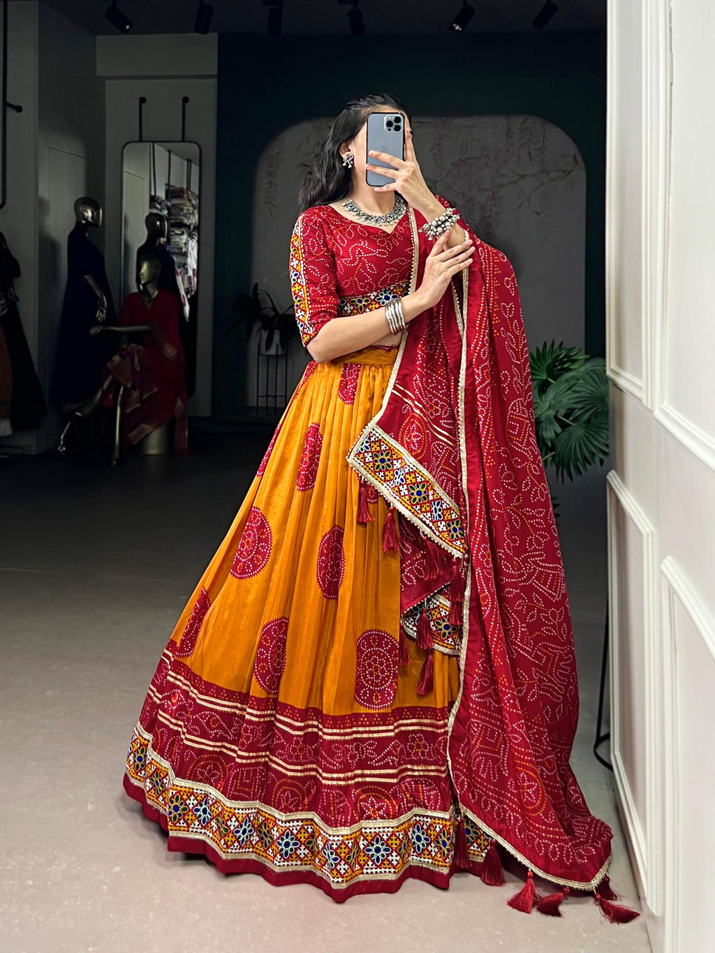 Lorenvalley Fashion Mustard Tasar Silk Bandhej Print and Gamthi Work with Lace Touch Up Lehenga Choli with Dupatta | Grocsy