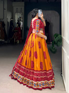 Lorenvalley Fashion Mustard Tasar Silk Bandhej Print and Gamthi Work with Lace Touch Up Lehenga Choli with Dupatta | Grocsy