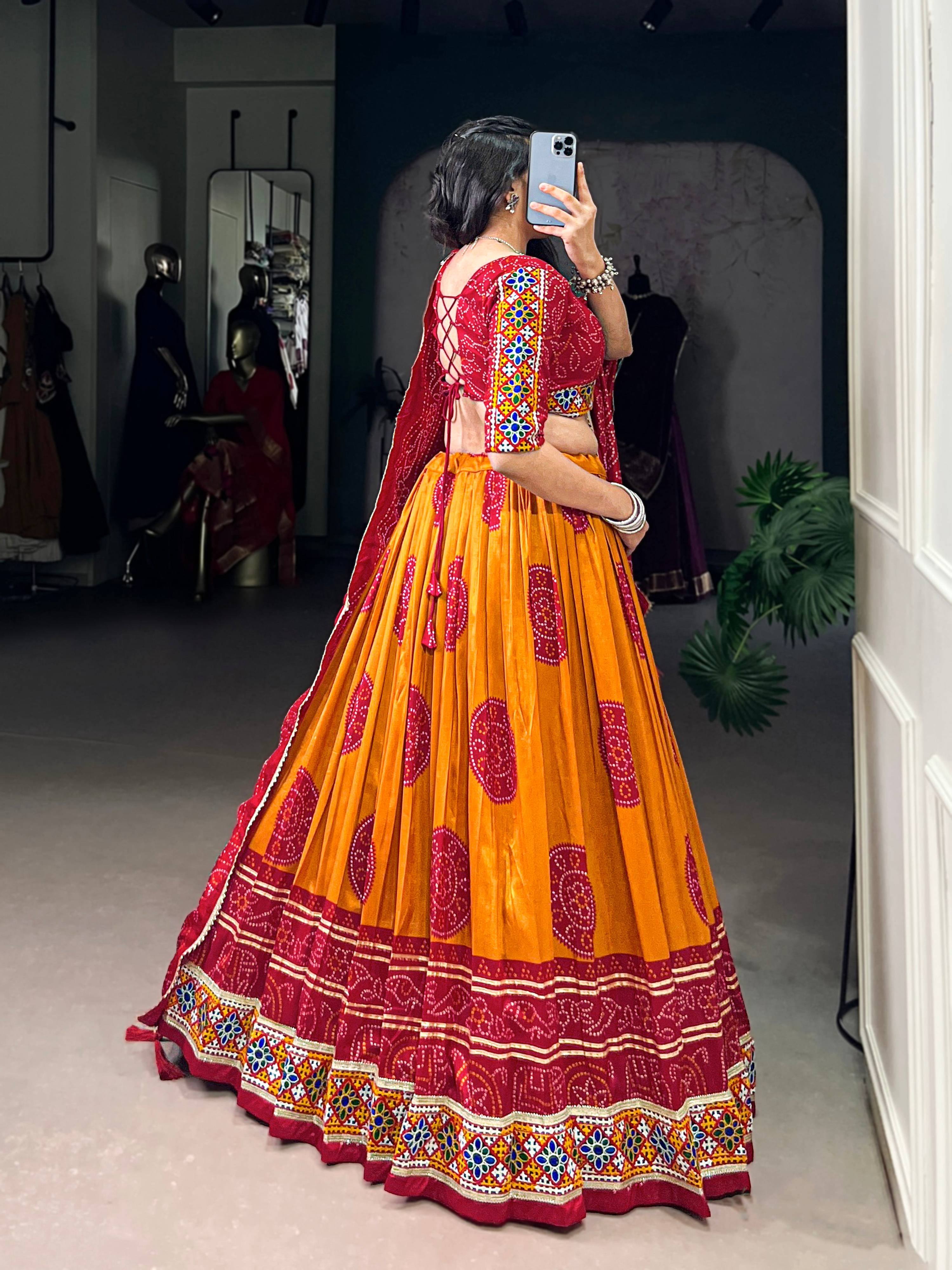 Lorenvalley Fashion Mustard Tasar Silk Bandhej Print and Gamthi Work with Lace Touch Up Lehenga Choli with Dupatta | Grocsy