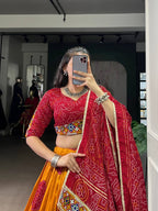 Lorenvalley Fashion Mustard Tasar Silk Bandhej Print and Gamthi Work with Lace Touch Up Lehenga Choli with Dupatta | Grocsy