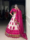 Lorenvalley Fashion Offwhite Tasar Silk Bandhej Print and Gamthi Work with Lace Touch Up Lehenga Choli with Dupatta | Grocsy