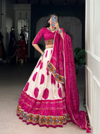 Lorenvalley Fashion Offwhite Tasar Silk Bandhej Print and Gamthi Work with Lace Touch Up Lehenga Choli with Dupatta | Grocsy