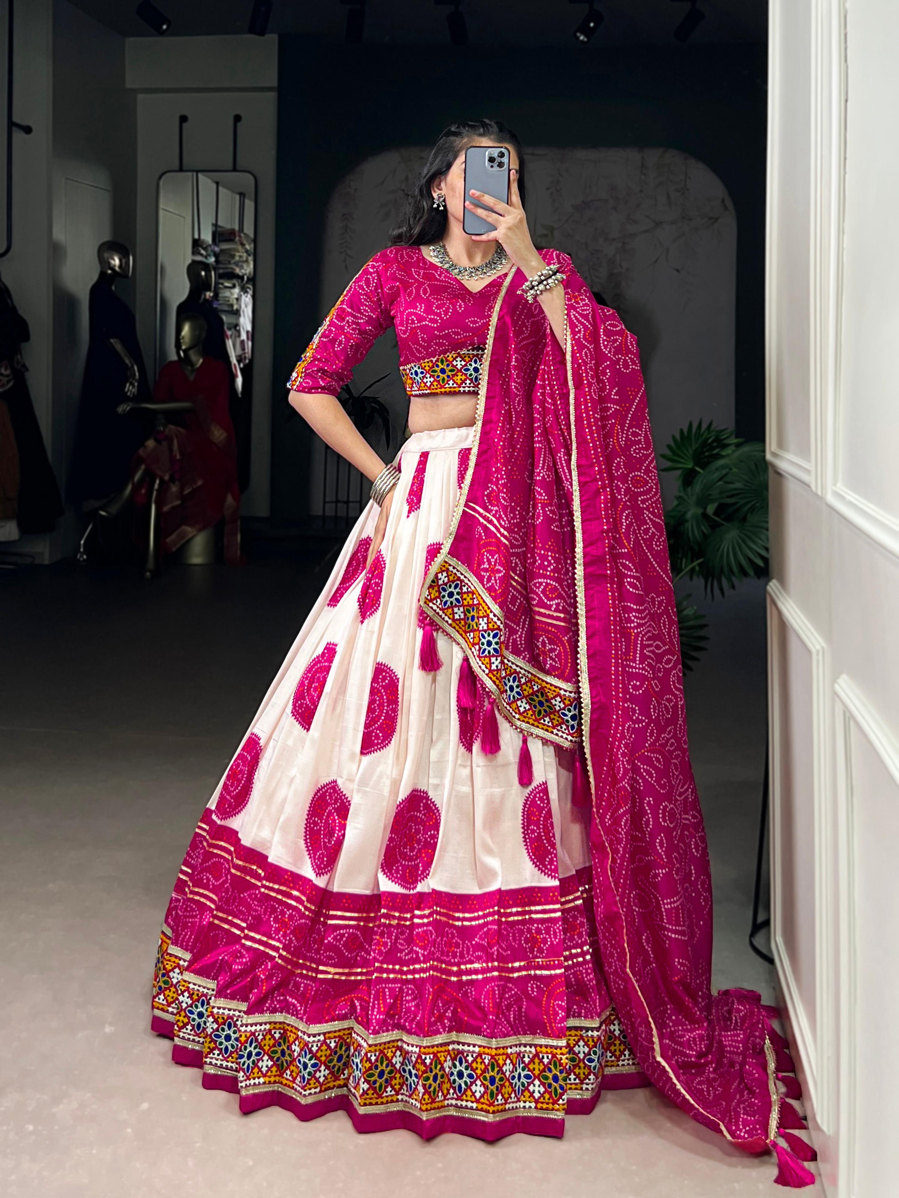 Lorenvalley Fashion Offwhite Tasar Silk Bandhej Print and Gamthi Work with Lace Touch Up Lehenga Choli with Dupatta | Grocsy