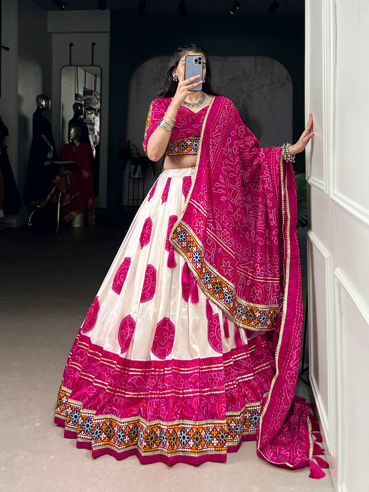 Lorenvalley Fashion Offwhite Tasar Silk Bandhej Print and Gamthi Work with Lace Touch Up Lehenga Choli with Dupatta | Grocsy