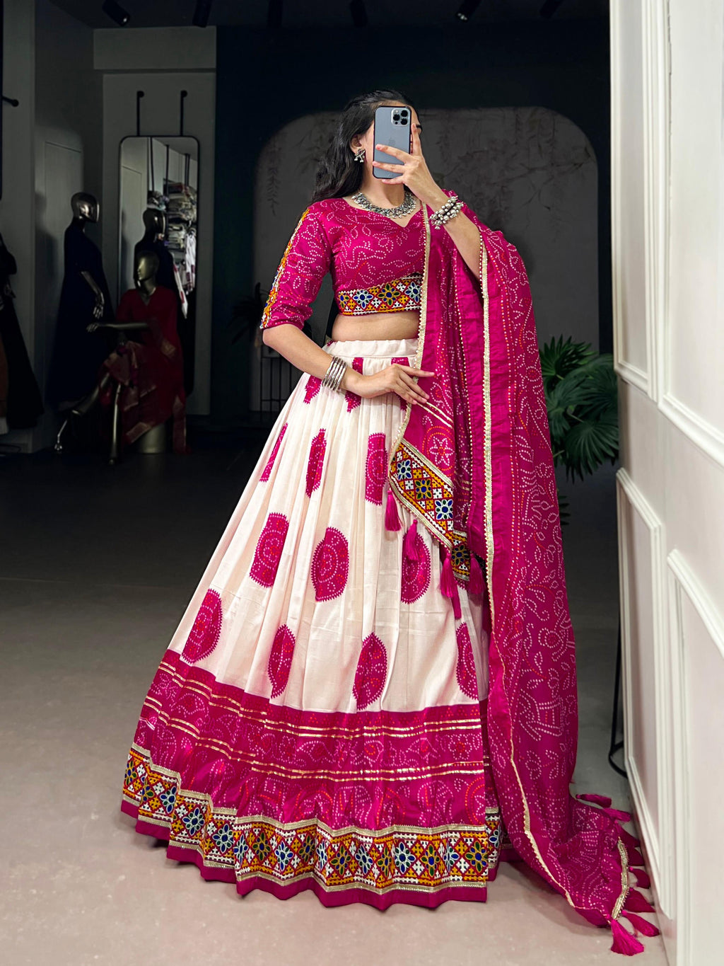 Lorenvalley Fashion Offwhite Tasar Silk Bandhej Print and Gamthi Work with Lace Touch Up Lehenga Choli with Dupatta | Grocsy