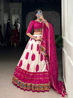 Lorenvalley Fashion Offwhite Tasar Silk Bandhej Print and Gamthi Work with Lace Touch Up Lehenga Choli with Dupatta | Grocsy